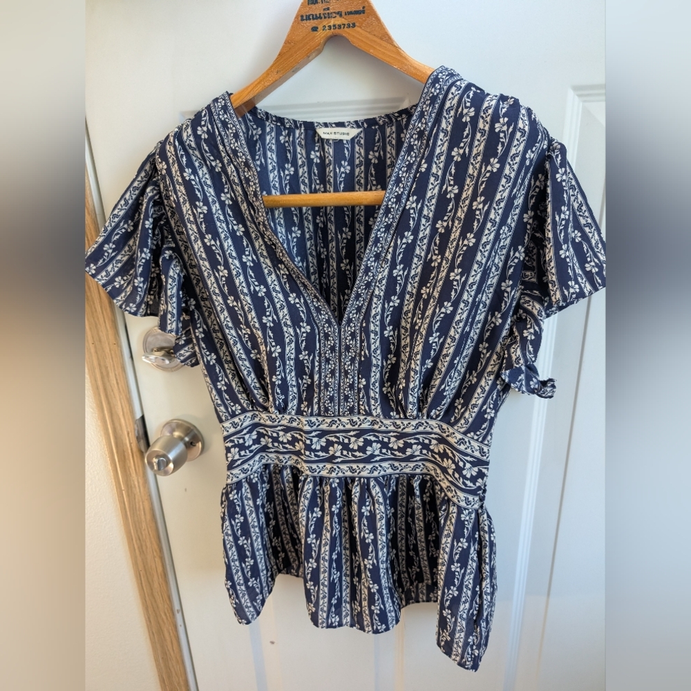 Max Studio Navy and White Striped Blouse